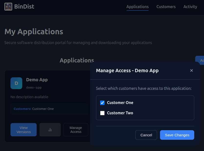 BinDist Manage Access dialog choosing which customers can access an application