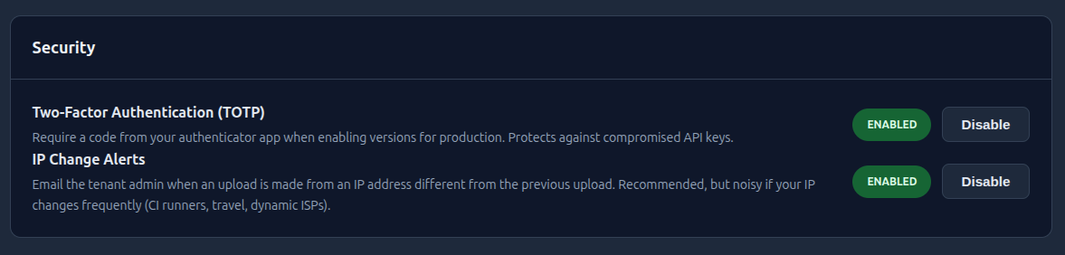 BinDist account security settings showing Two-Factor Authentication and IP Change Alerts, each enabled with a Disable button