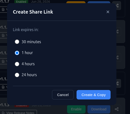 BinDist Create Share Link dialog with link expiry options of 30 minutes, 1 hour, 4 hours, or 24 hours