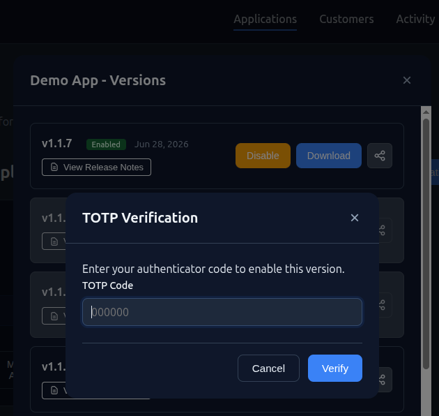 BinDist asking for a two-factor authentication code before a version can be enabled for download