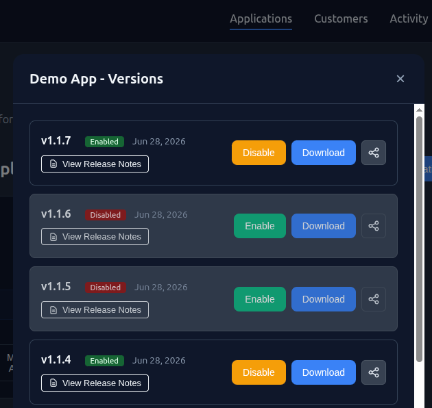BinDist version list with some releases Enabled and others Disabled, each with an Enable or Disable button